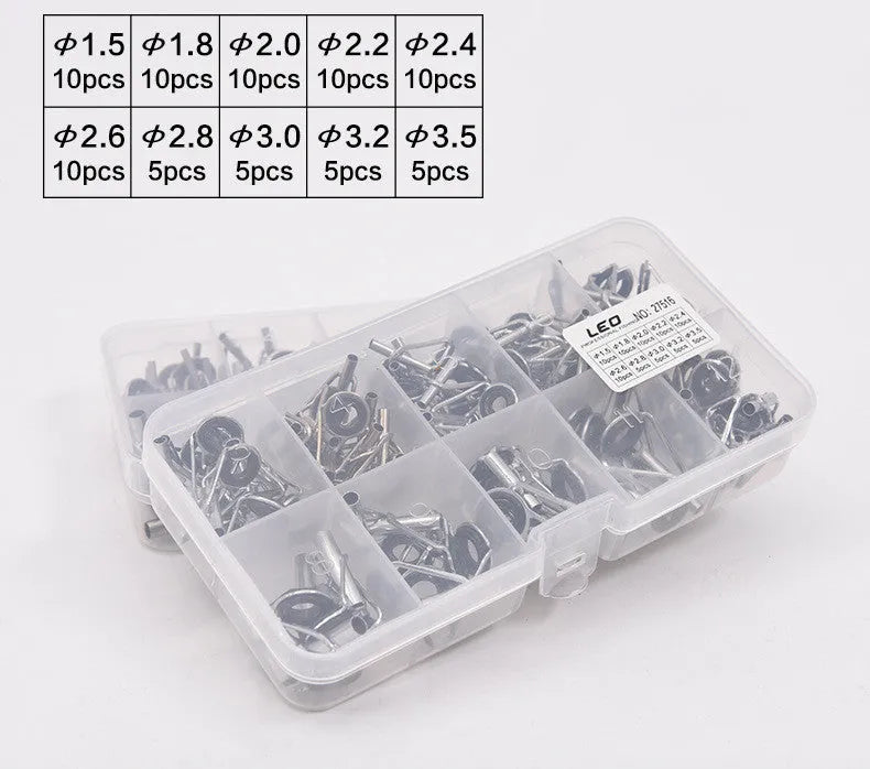 Boxed set of 80 alloy sea fishing rod slightly guide rings in colour-coded compartments