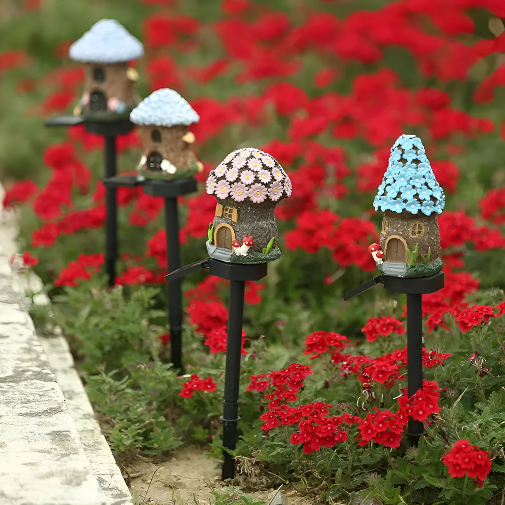 Solar-powered resin house outdoor LED garden light with flower shape design