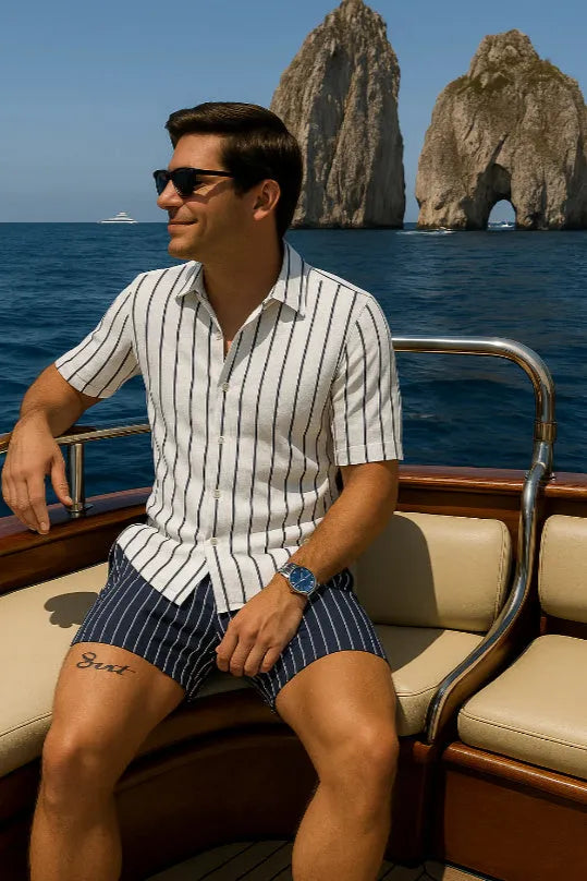 Men's blue beach shirt and shorts set with elastic fabric on mannequin