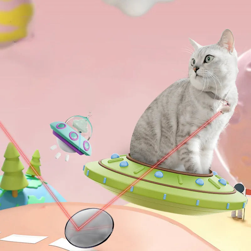 Green cat collar laser toy showing USB charging port and rotating mechanism