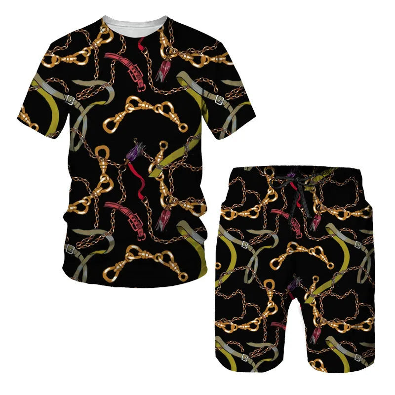 Man wearing a chain pattern printed short sleeve t-shirt and matching shorts casual summer set.