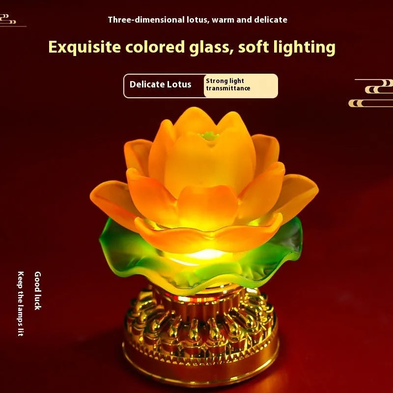 Yellow Chinese style lotus lamp on a table, showing flower bud and flowering design options.