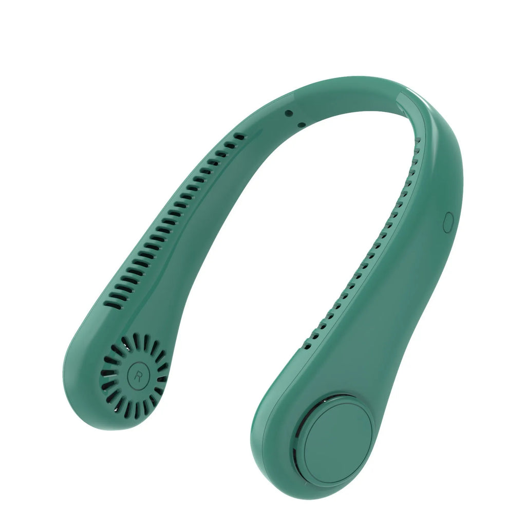 White bladeless rechargeable neck fan hanging on a person, showing its wearable design.