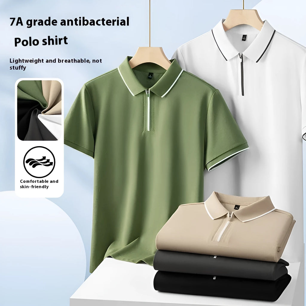 Men's solid colour short sleeve polo shirt with a zip front, shown in beige apricot.
