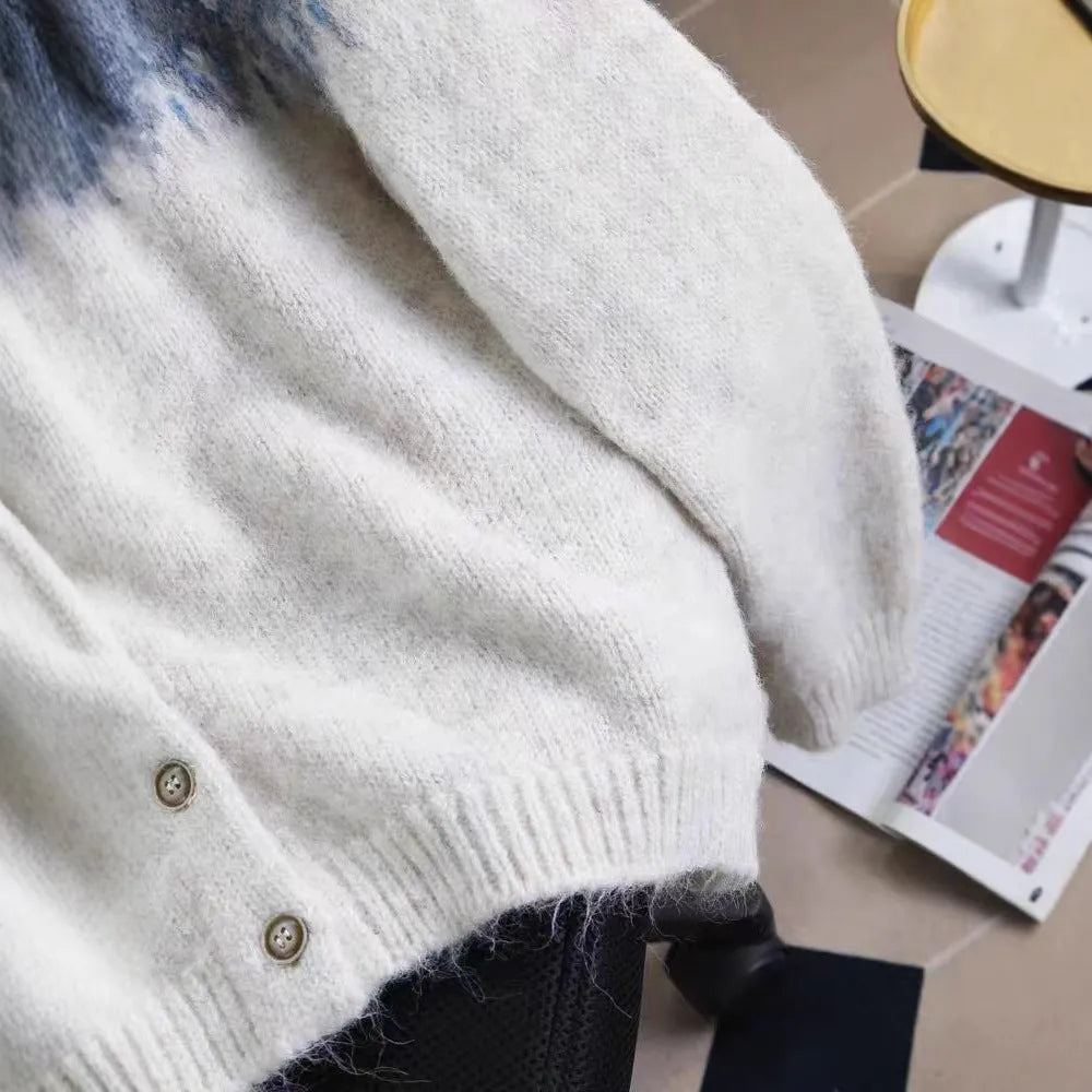 Women's loose fit jacquard sweater coat in milky white, brown, or navy blue.