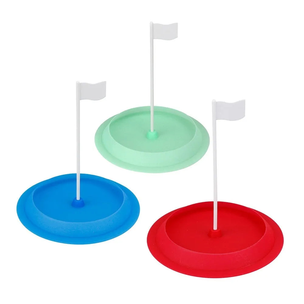 16cm diameter silicone golf putter plate in red, green and blue colours for indoor putting practice