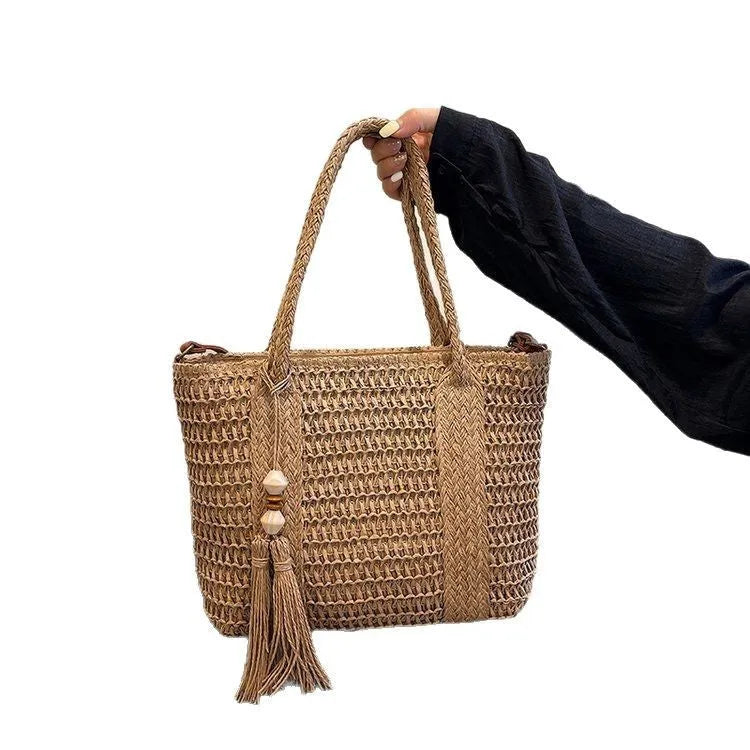 Women's woven straw crossbody bag in milky white or khaki with large capacity