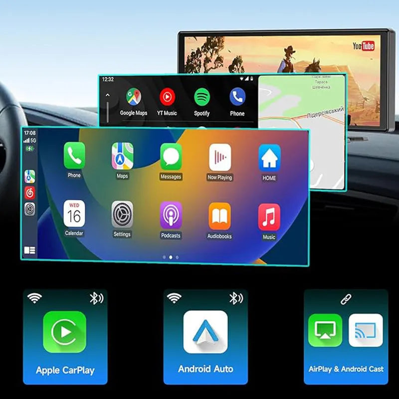 Black 10.26-inch car navigation device with touch screen showing split display of map and camera feed