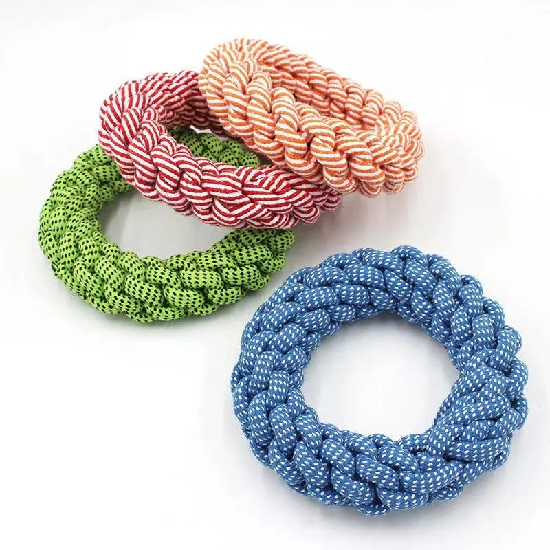 Cotton braided ring dog toy approximately 18cm in circumference with textured knot design