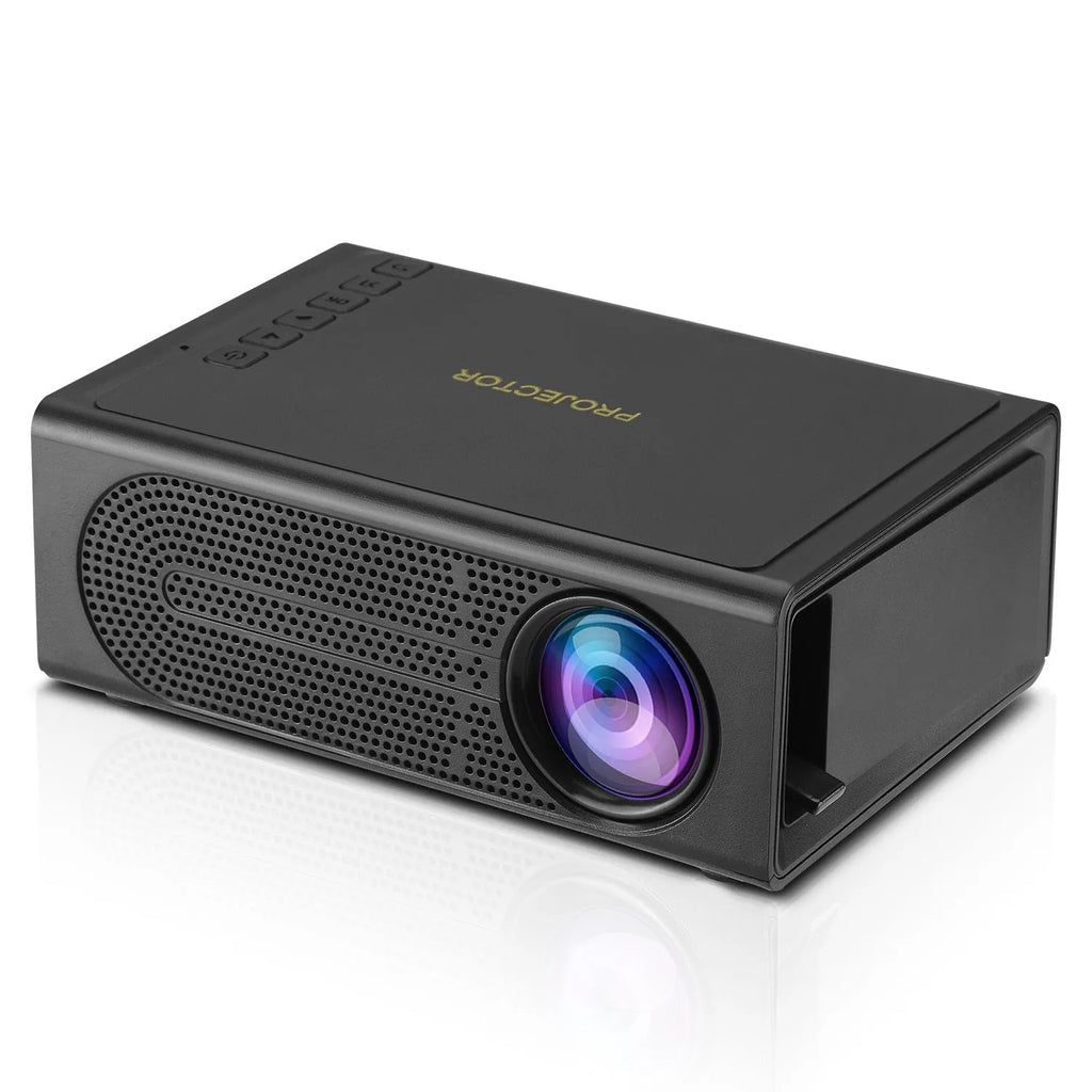 Black or white portable mini projector with wired mobile phone connection and multiple international power plug options