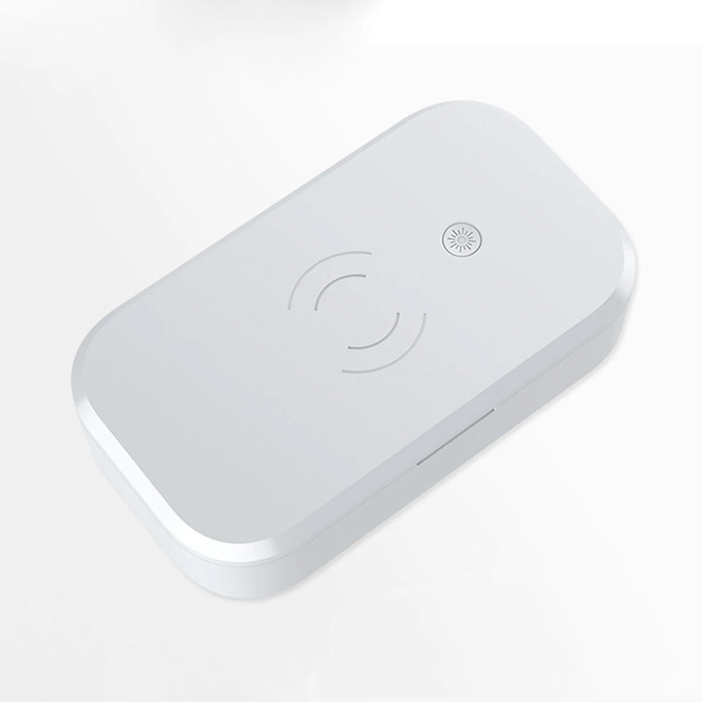 UV disinfection box with wireless charging surface in ivory white colour for sanitising beauty tools and phones