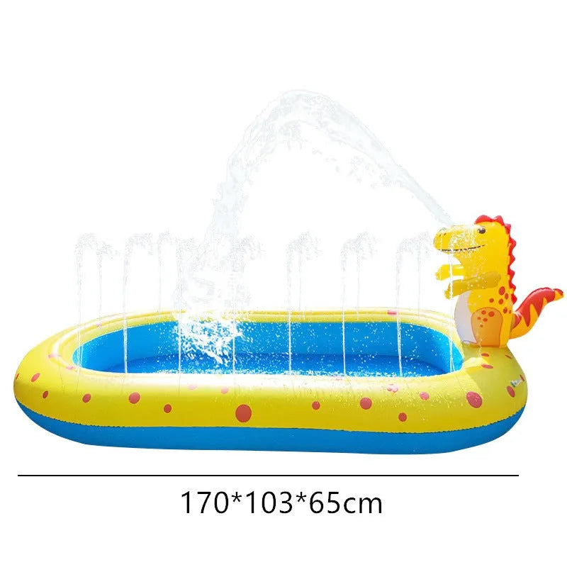 Blue dinosaur-shaped inflatable water spray pool with shark design features for kids outdoor play