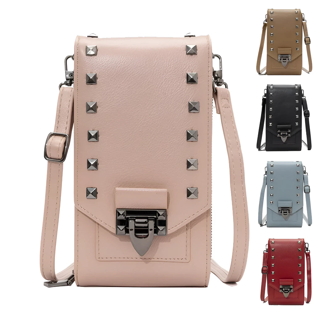 Rivet design solid colour crossbody bag for women in pink with vertical square shape and medium-long strap