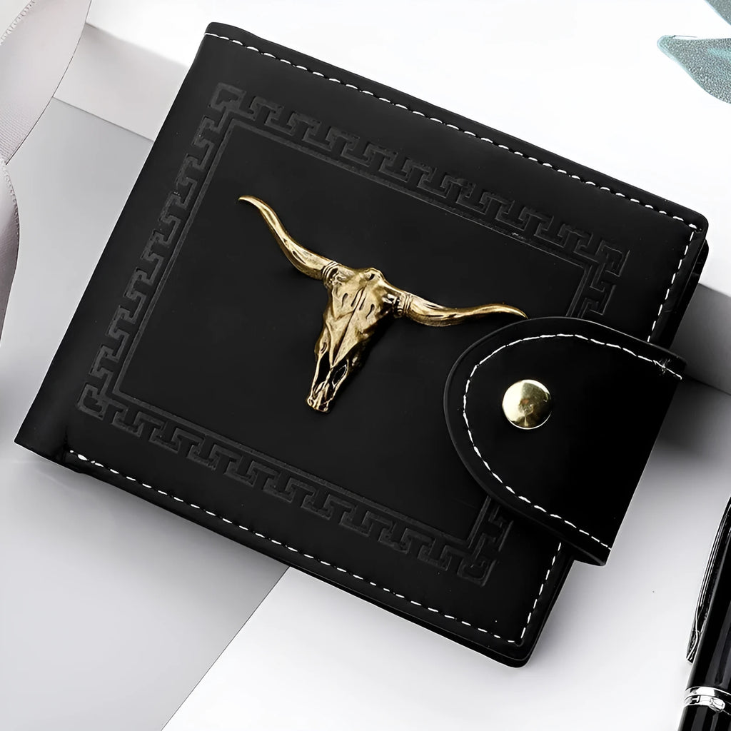 Black animal print men's short wallet with a zipper closure and multiple card slots.