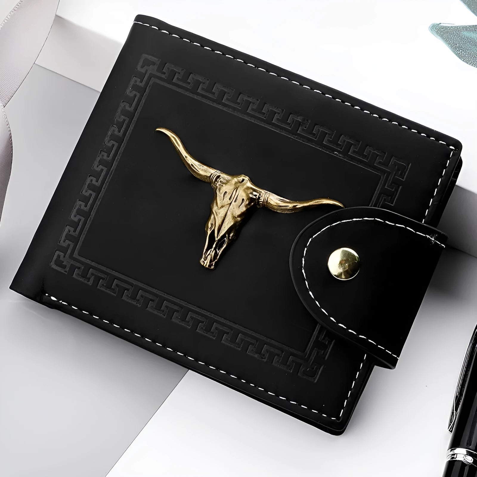 Black animal print men's short wallet with a zipper closure and multiple card slots.