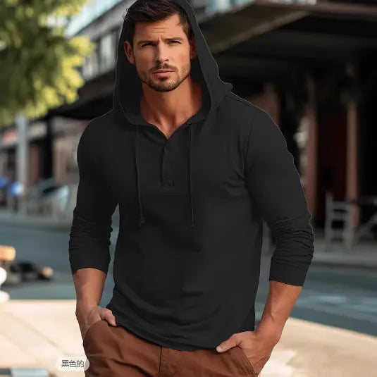 Men's cotton pullover hoodie in dark blue colour with long sleeves and relaxed fit
