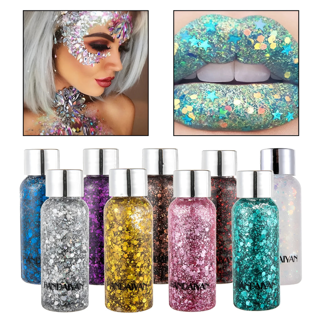 30g glitter body gel with chunky sequins in a compact pot, available in multiple colours for party makeup and nail art