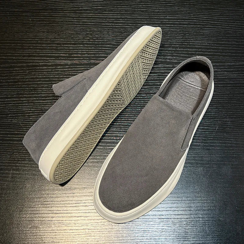 Men's grey and apricot casual shoes with round toe design and height increasing insoles