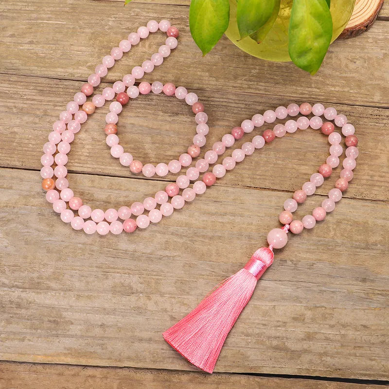 Stone bead string necklace and bracelet set with long fringe tassel pendant and drop shape crystal details