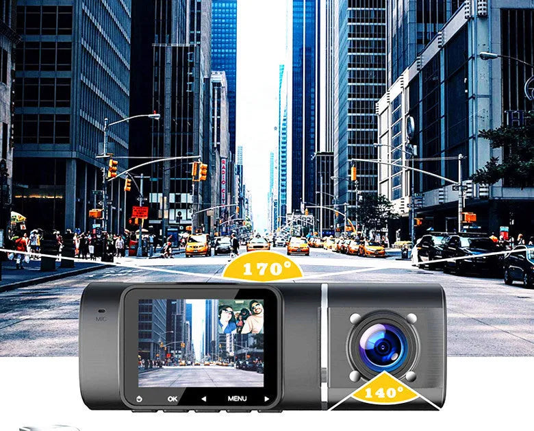 Black car dashcam on stand with 1.5-inch screen for front and rear recording.
