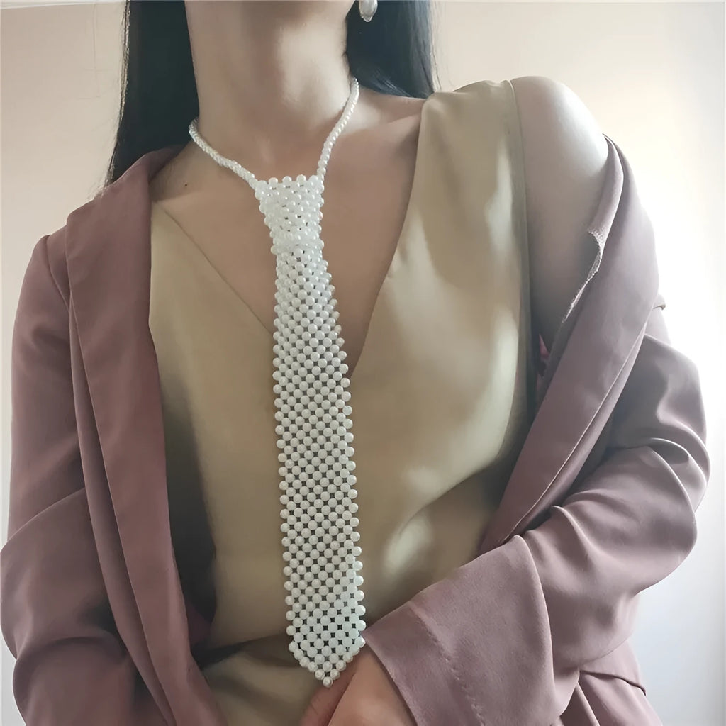 Adjustable pearl body chain with hollow-out design and alloy tie clasp in white or black colour