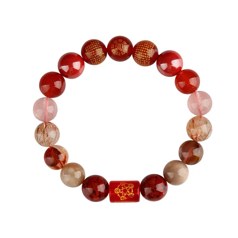 Five Elements natural crystal bracelet with gold wood water fire soil colours, round geometric shape, handmade national style