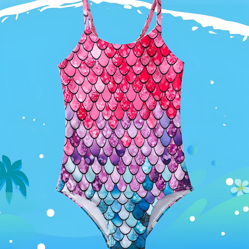 A girl wearing a turquoise mermaid one-piece swimsuit, showing the briefs style and high-elasticity fit.