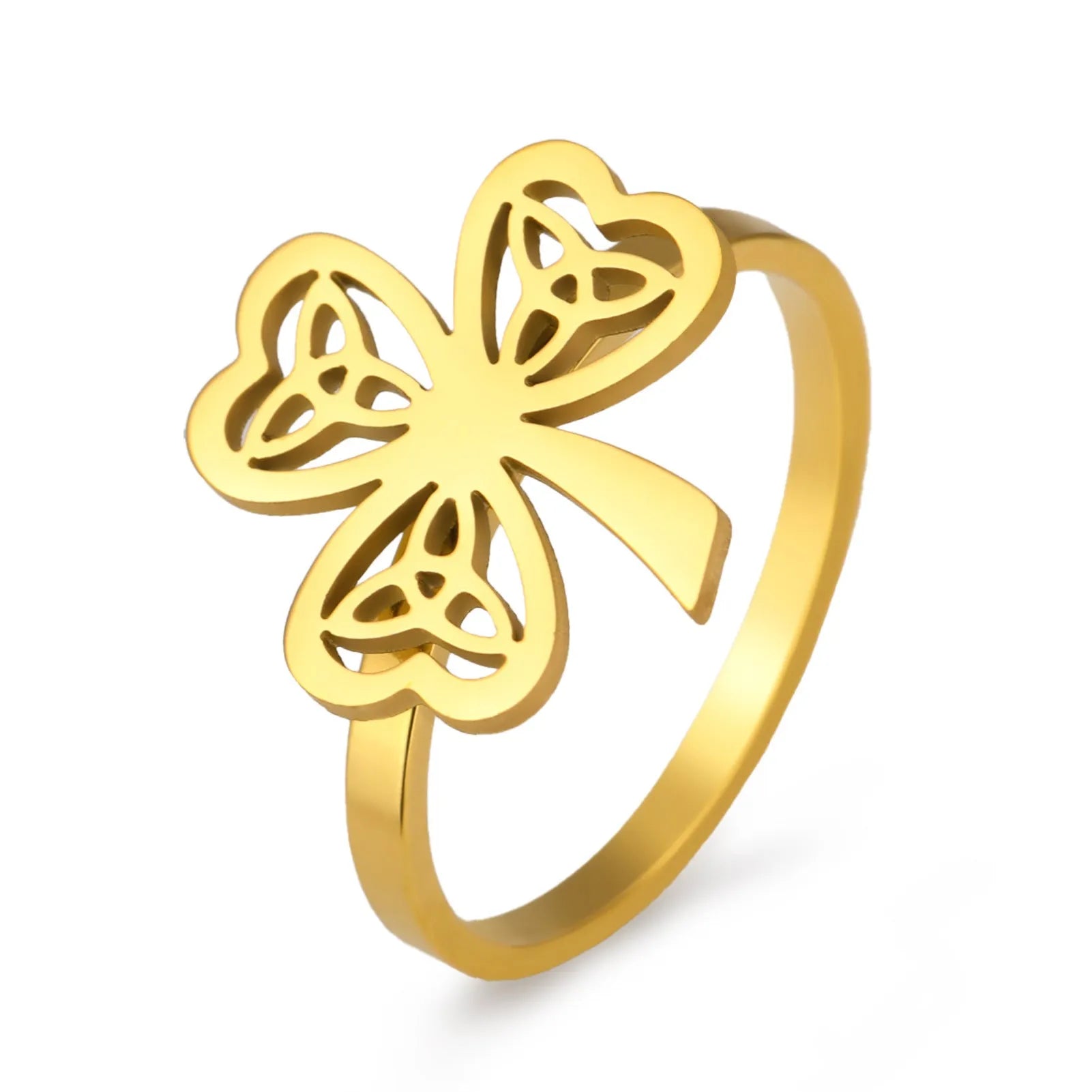 Women's hollow stainless steel fashion ring in gold or steel colour on a size chart.