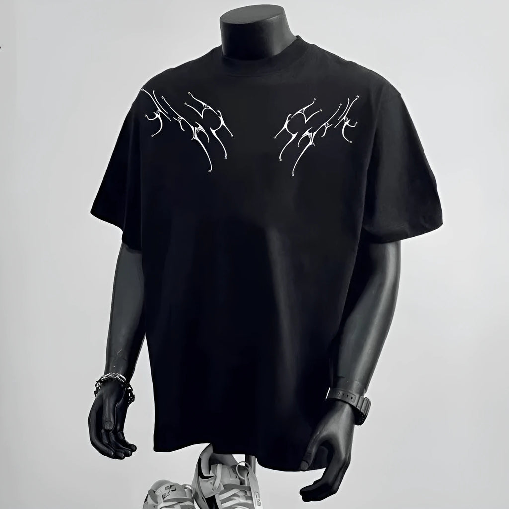 Men's black and white loose fit pure cotton t-shirt with printed design and short sleeves
