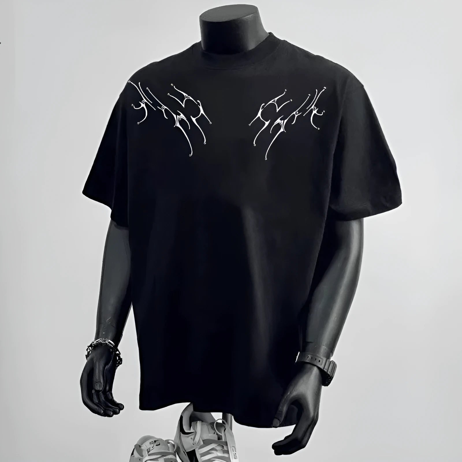 Men's black and white loose fit pure cotton t-shirt with printed design and short sleeves