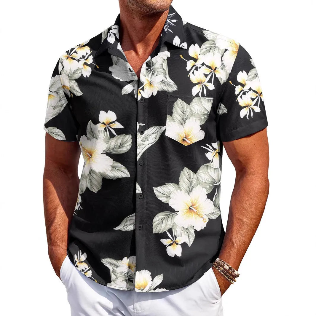 Men's slim fit Hawaiian short sleeve shirt in a colourful pattern.