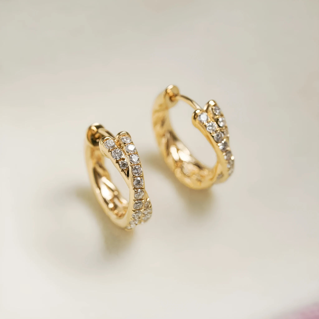 Double row cross 5A zircon twist earrings, 925 silver with 18K gold plate, 9mm inner diameter, 12mm outer diameter