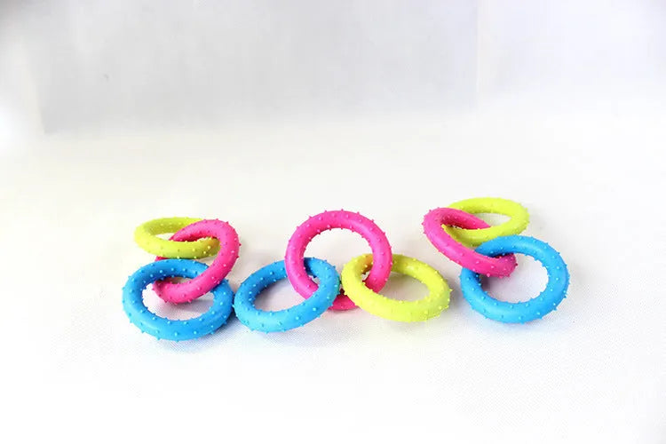 TPR rubber dog chew toy with three connected chain links for molar chewing