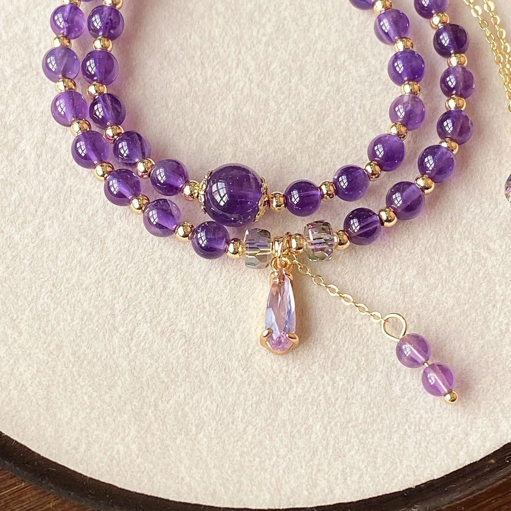 Purple crystal amethyst bead double bracelet with electroplated celestial pattern for women