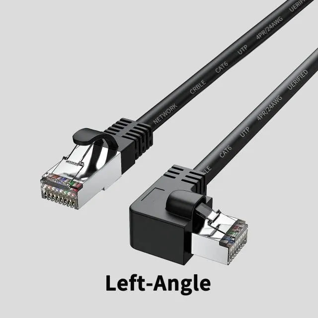 Black Cat6 Ethernet cable with right-angle metal RJ45 connector showing different orientation options