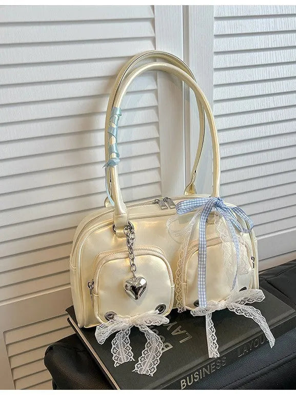 Soft PU casual shoulder bag with horizontal square shape and dual straps in beige colour