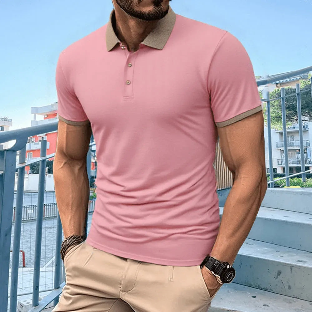Summer polo shirt in ice silk polyester with short sleeves and printed flocking design