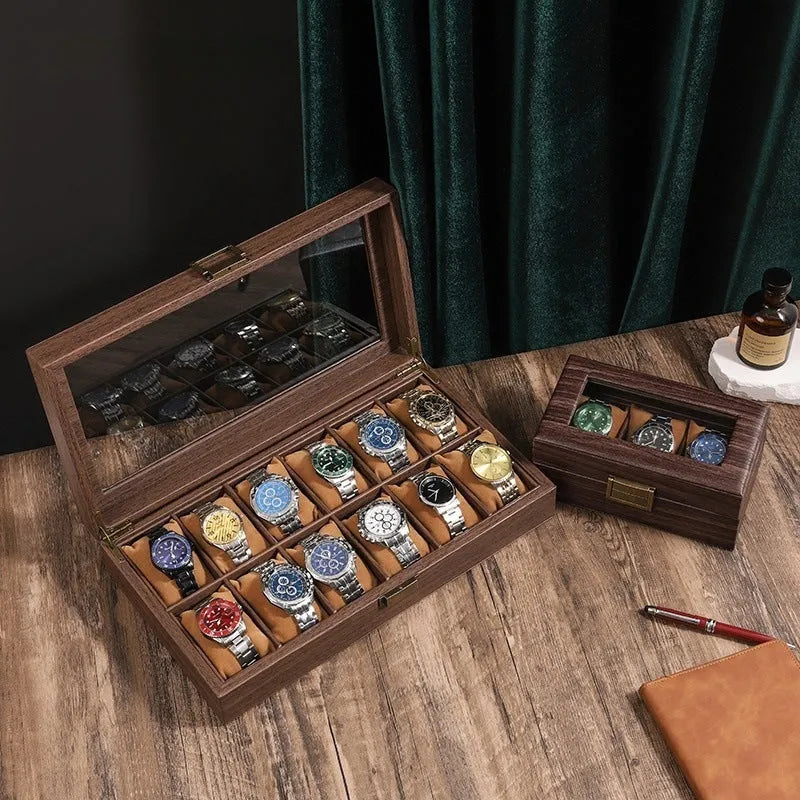 Household portable retro wood grain PU leather watch storage box with soft pillows, MDF shell, and glass finish