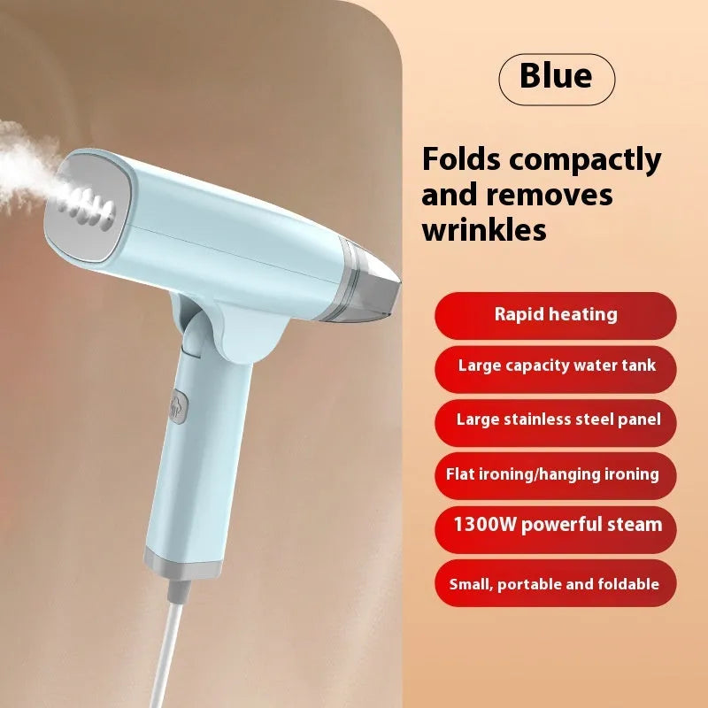 Blue and white handheld garment steamer with water tank and temperature control buttons