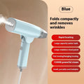 Blue and white handheld garment steamer with water tank and temperature control buttons