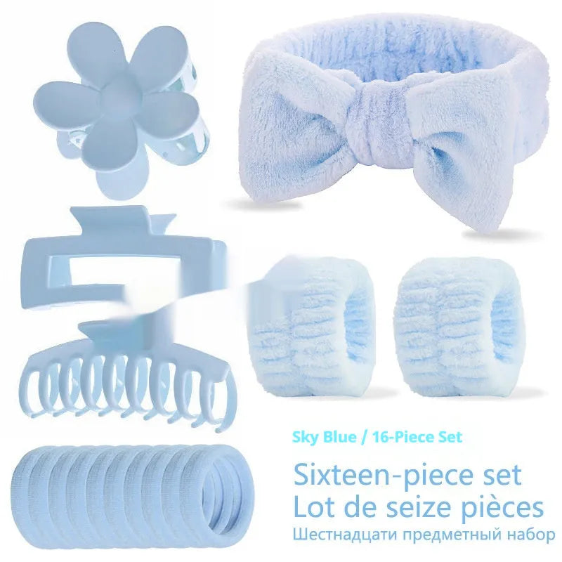 16-piece bow washing face hair band set with wrist strap, plaid pattern, multiple colours