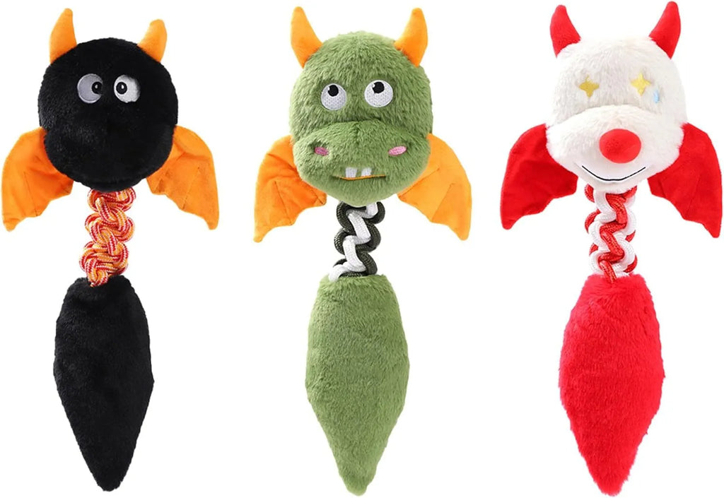 Large black, green, or red plush dog toy with cartoon design, measuring 44cm, featuring a squeaker and rope knot.