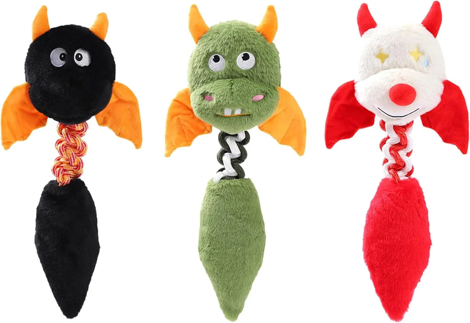 Large black, green, or red plush dog toy with cartoon design, measuring 44cm, featuring a squeaker and rope knot.