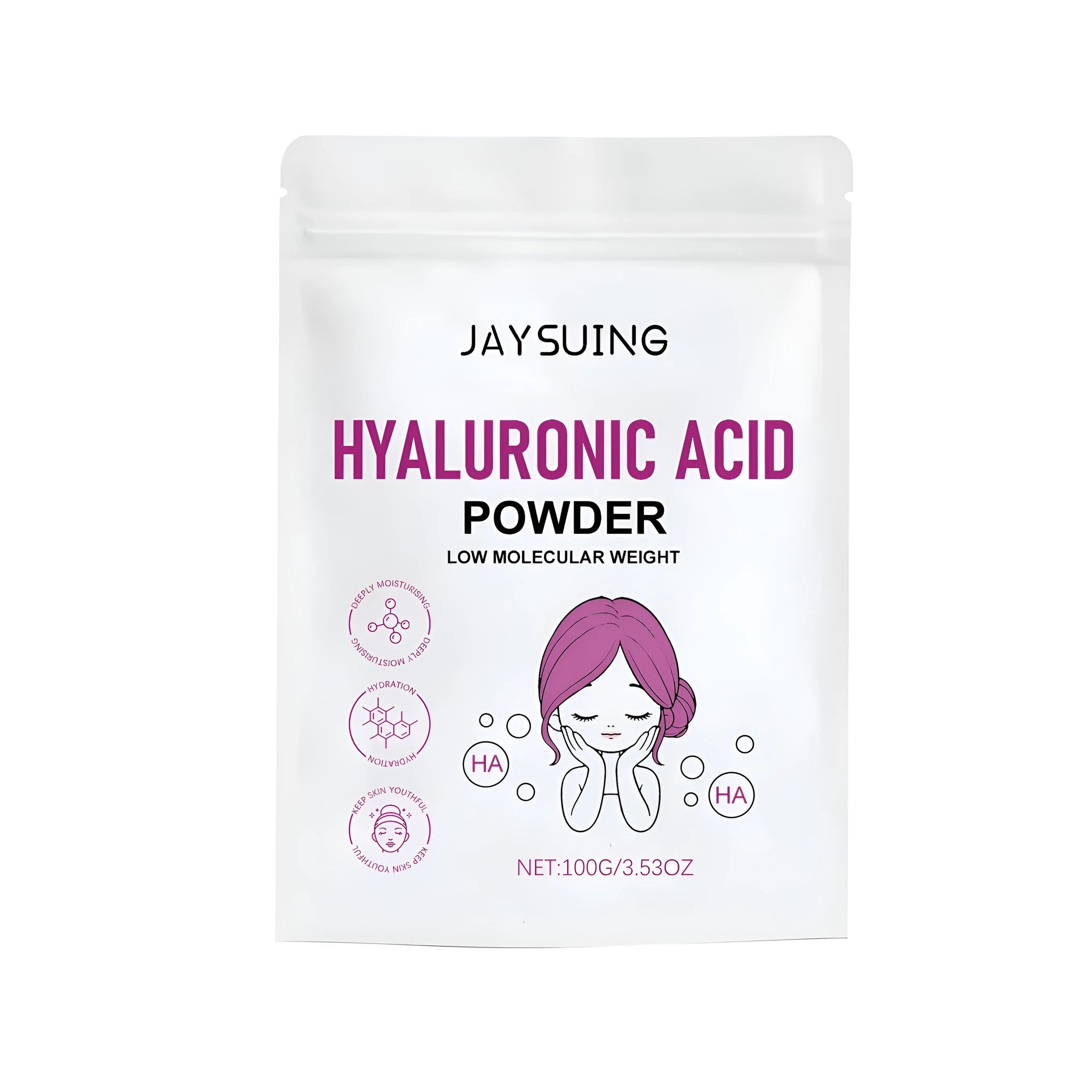 Container of 100g hyaluronic acid powder with a mixing mask applicator for DIY skincare