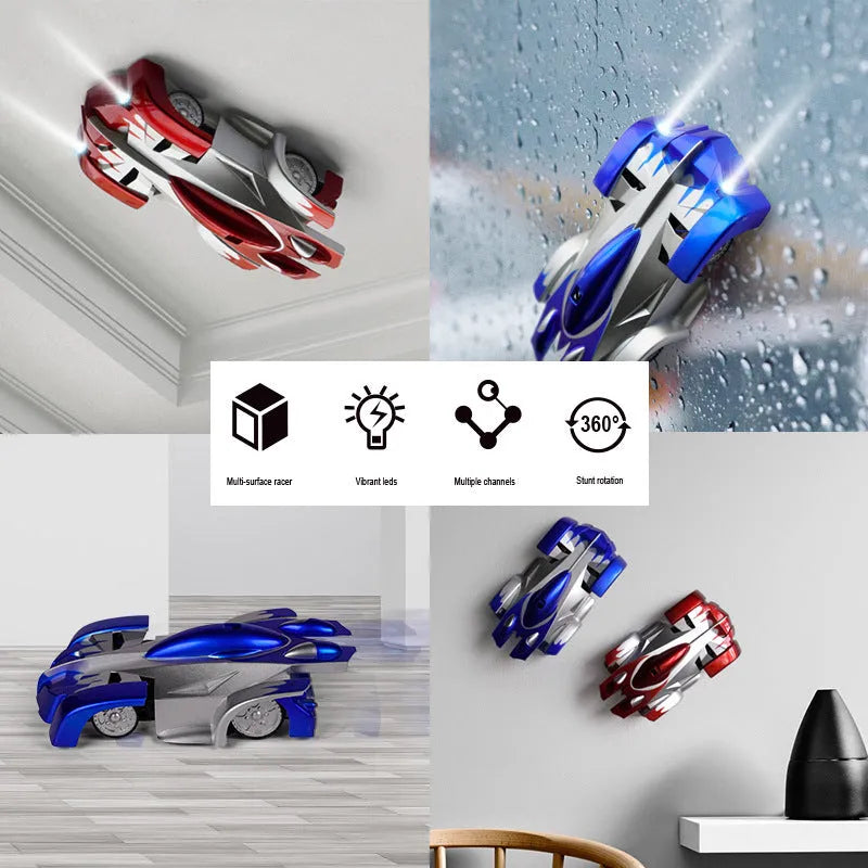 Wall climbing RC car toy climbing a wall with LED lights illuminated, remote control shown alongside