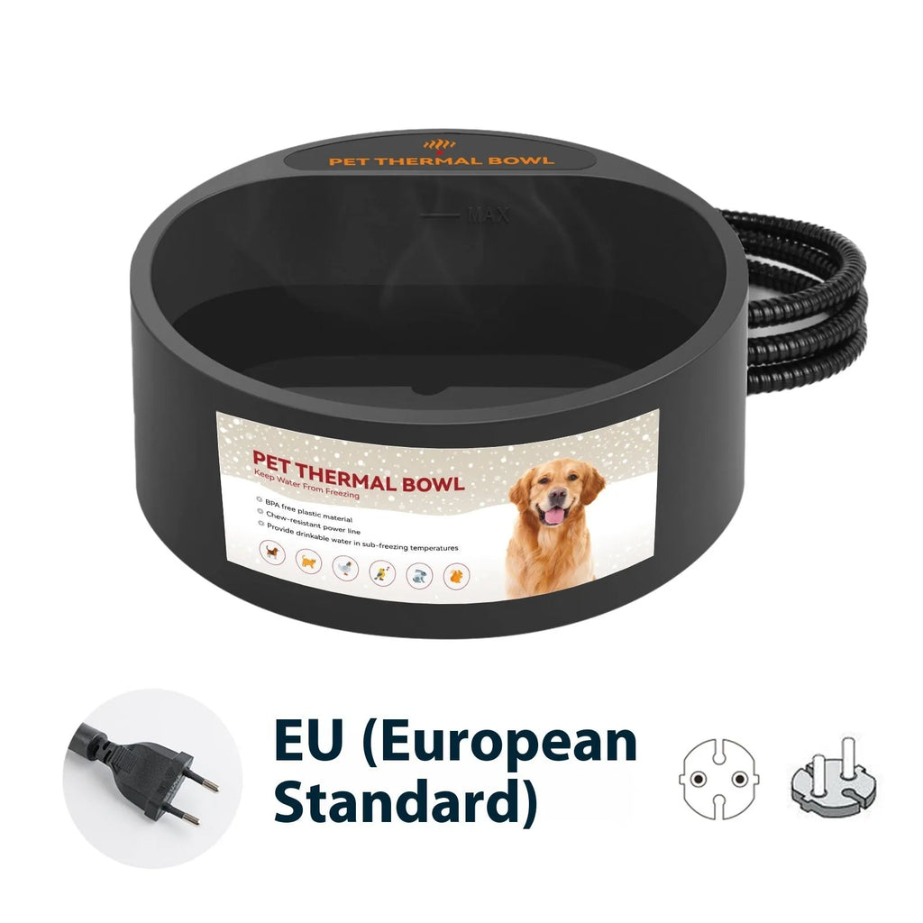 Black ABS plastic pet heating bowl for cats and dogs with constant temperature feature.