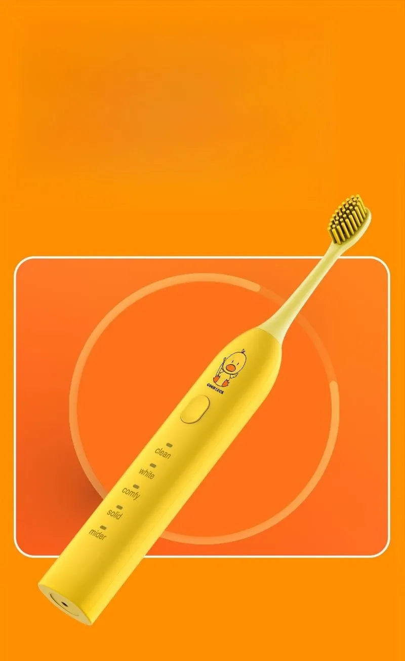 Small yellow duck design rechargeable electric toothbrush with soft bristles.