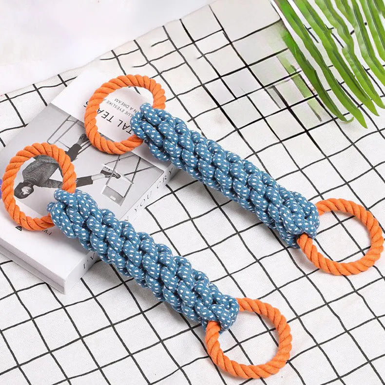 Blue double-ring cotton knot dog chew toy measuring 37cm with braided rope construction