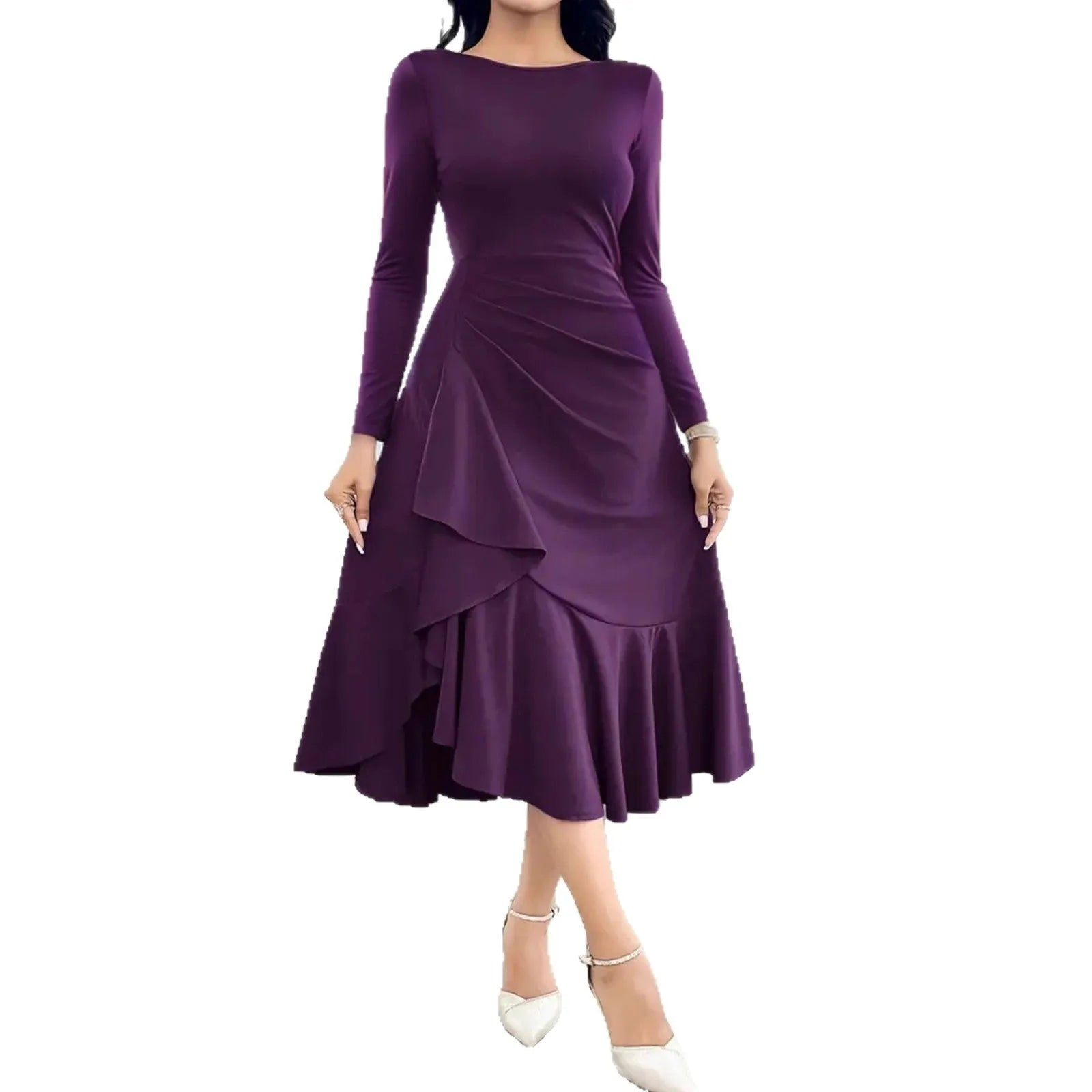 Purple women's long sleeve dress with round neck and ruffle detail on a hanger