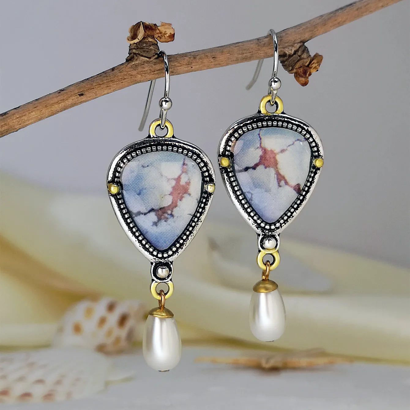 Retro blue geometric drop earrings with synthetic opal and pearl on metal setting